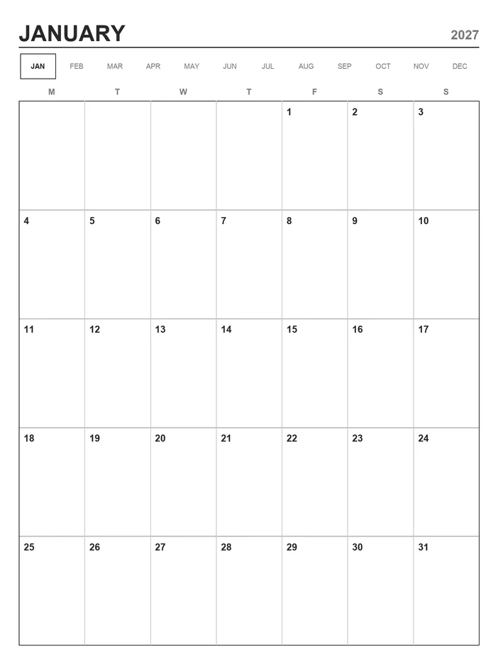 January 2027 month page with tabs for every month