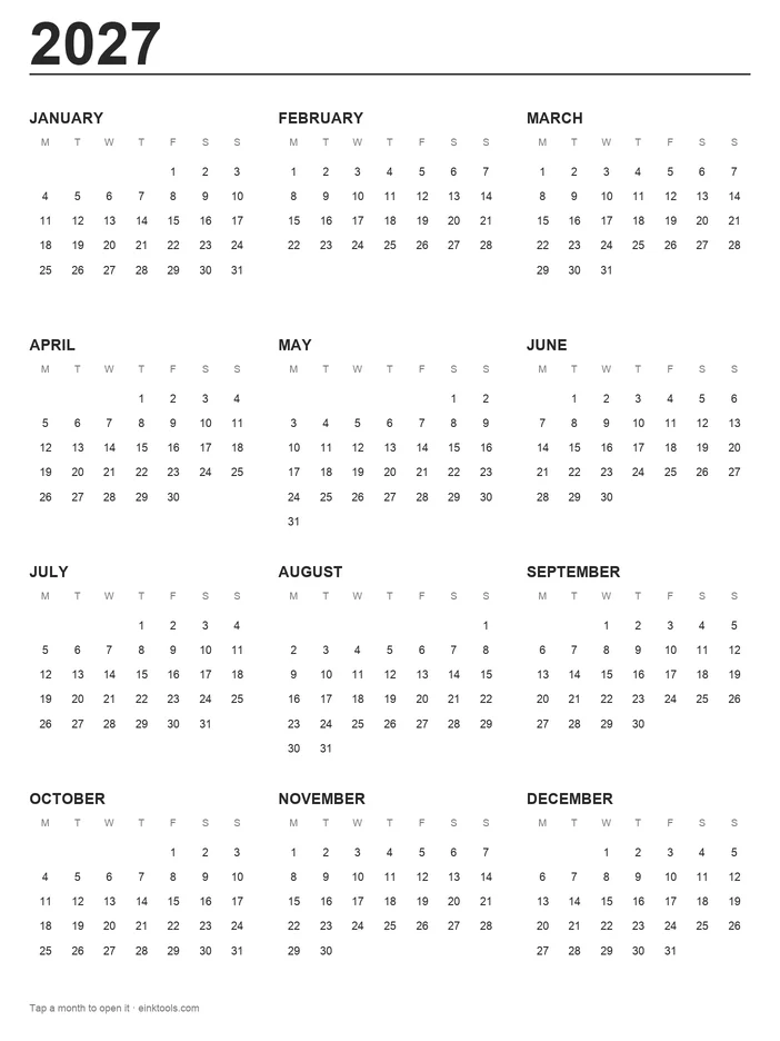 2027 year page with twelve small months
