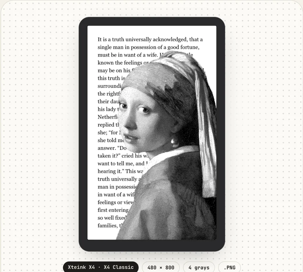 A cut-out of Girl with a Pearl Earring, dithered to 4 grays, drawn over a page of Pride and Prejudice on an Xteink X4