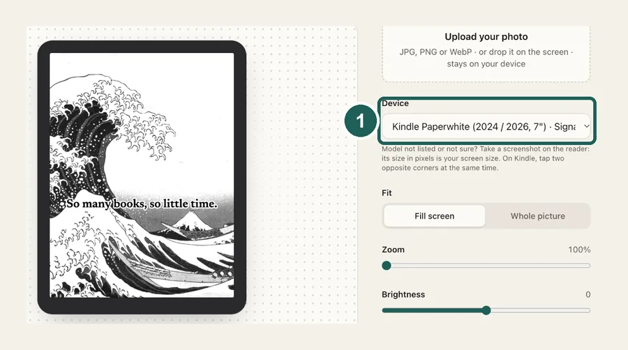 The maker with a Kindle Paperwhite selected, the photo shown inside a to-scale device frame