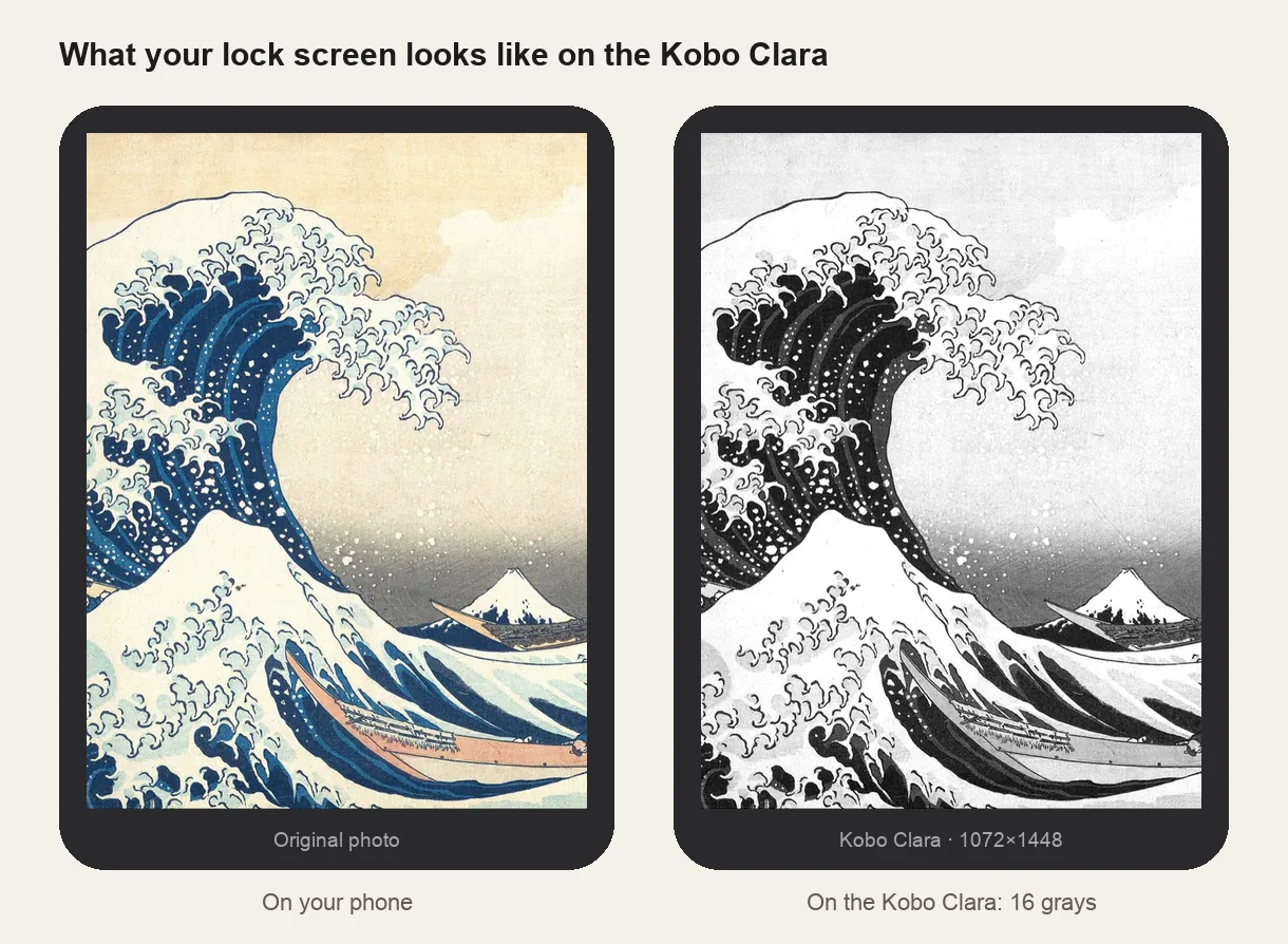 The same picture on a phone and on the Kobo Clara screen at 1072×1448