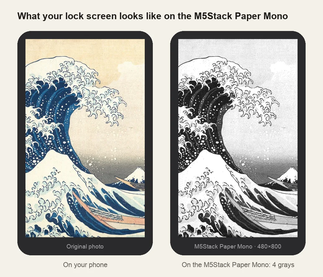 The same picture on a phone and on the M5Stack Paper Mono screen at 480×800